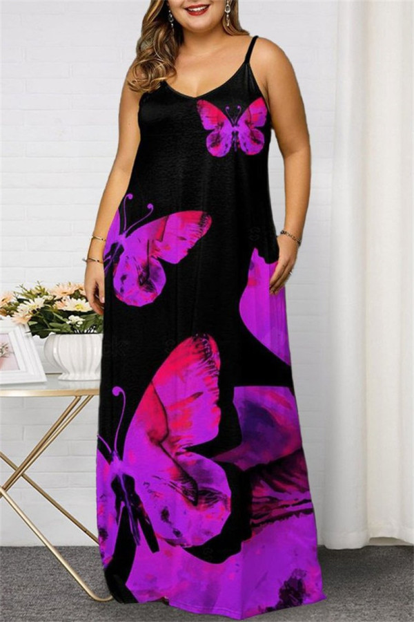 Lila, sexy, lässiges Plus-Size-Print, rückenfreies Sling-Kleid mit V-Ausschnitt