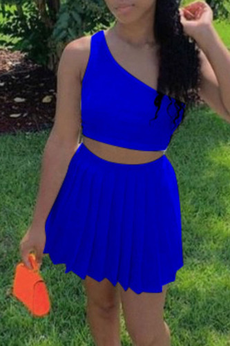 Blue Casual Solid Patchwork Fold Oblique Collar Sleeveless Two Pieces