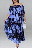 Black Fashion Casual Plus Size Print Patchwork Backless Off the Shoulder Long Dress