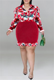 Lila Mode Casual Print Patchwork Turndown-krage Långärmade klänningar