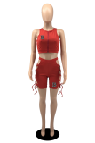 Red Fashion Print Draw String Zipper Collar Sleeveless Two Pieces