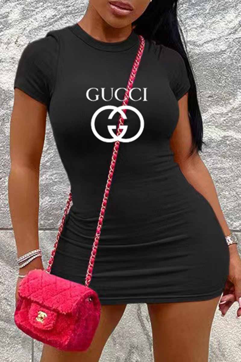 

Black Fashion Casual Print Letter O Neck One Step Skirt Dresses