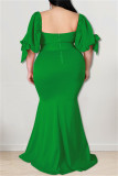 グリーンファッションセクシープラスサイズソリッドバックレススリットスクエアカラーイブニングドレス