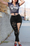 Black Street Solid Ripped Hollowed Out Patchwork Chains High Waist Denim Jeans