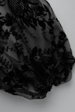 Macacão preto elegante de patchwork sólido transparente com gola O (contém o cinto)