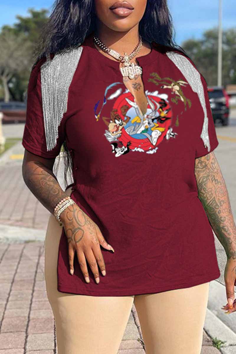 

Burgundy Fashion Casual Character Print Patchwork V Neck T-Shirts