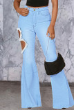 Blauwe mode casual effen uitgeholde patchwork hoge taille denim jeans