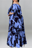 Zwarte mode casual plus size print patchwork backless off-shoulder lange jurk