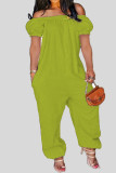 Groene casual effen patchwork off-shoulder losse jumpsuits