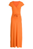 オレンジカジュアルソリッドパッチワークVネックストレートドレス