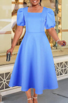 Ljusblå Elegant Solid Patchwork Kvadratklänning med fyrkantig krage