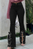 Schwarze, modische, lässige, feste, zerrissene Patchwork-Ketten mit hoher Taille und normaler Denim-Jeans