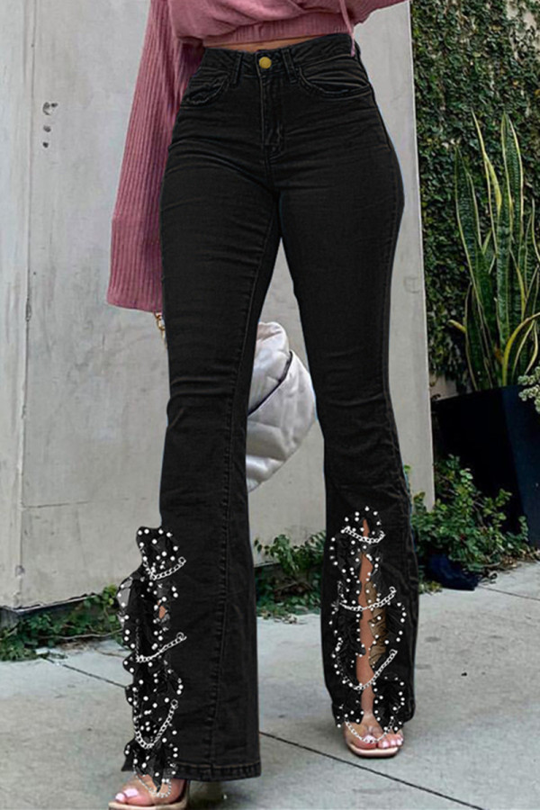 Schwarze, modische, lässige, feste, zerrissene Patchwork-Ketten mit hoher Taille und normaler Denim-Jeans