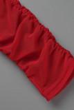 Roter, sexy, fester, durchsichtiger Patchwork-Overall mit schrägem Kragen
