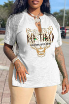 White Fashion Casual Print Tassel Patchwork V Neck T-Shirts