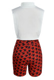 Red Street Print Hollowed Out Patchwork Half A Turtleneck Sleeveless Two Pieces