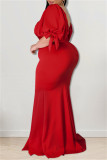 Vestido de noche de cuello cuadrado con abertura sin espalda sólida de talla grande sexy de moda roja
