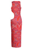 Vestidos de falda de un paso con cuello en O de patchwork ahuecados con estampado sexy rojo