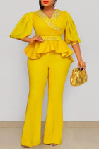 Желтые модные повседневные однотонные горячие буровые пэчворк с V-образным вырезом и половиной рукава из двух частей