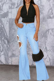 Baby Blue Fashion Casual Solid Hollowed Out Patchwork High Waist Denim Jeans