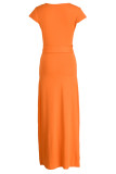オレンジカジュアルソリッドパッチワークVネックストレートドレス