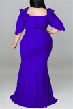 Blue Fashion Sexy Plus Size Solid Patchwork Slit Off the Shoulder Evening Dress