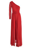 Red Sexy Solid Patchwork See-through Oblique Collar Regular Jumpsuits