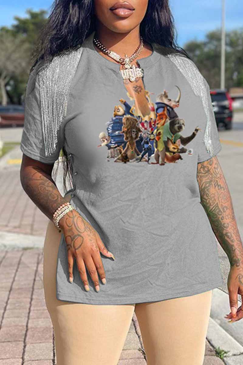 

Grey Fashion Sexy Character Print Tassel V Neck T-Shirts