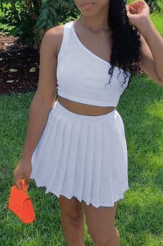 White Casual Solid Patchwork Fold Oblique Collar Sleeveless Two Pieces