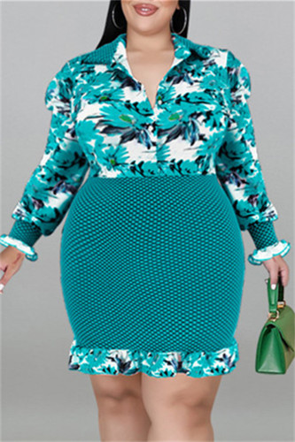 Grönt mode Casual Print Patchwork Turndown-krage långärmade klänningar