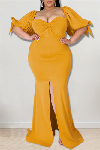 Yellow Fashion Sexy Plus Size Solid Backless Slit Square Collar Evening Dress