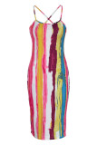 Robes de robe de fronde de spaghetti de patchwork d'impression rayée sexy pourpre