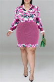 Lila Mode Casual Print Patchwork Turndown-krage Långärmade klänningar