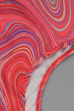 Robes de jupe en une étape à col rond en patchwork à imprimé sexy rouge