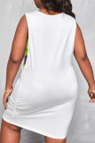 Weißes, modisches, lässiges, ärmelloses Kleid mit Patchwork-O-Ausschnitt in Übergröße