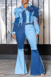 Blue Fashion Casual Patchwork Contrast High Waist Flare Leg Boot Cut Denim Jeans