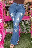 Jeans in denim a vita alta patchwork con stampa casual blu