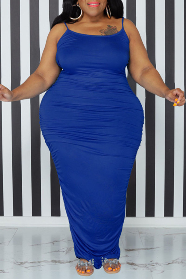 Kleurrijke blauwe sexy effen patchwork spaghetti band een stap rok plus size jurken