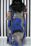 ブルーファッションプリントパッチワークスリットアシンメトリーOネックAラインプラスサイズのドレス