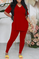Red Casual Solid Patchwork Slit V Neck Short Sleeve Two Pieces T-shirts Tops And Skinny Pants Sets