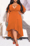 Оранжевое модное повседневное однотонное платье с воланами и V-образным вырезом, платья больших размеров