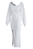 Vestidos de manga larga con cuello cuadrado y abertura sólida informal de moda blanca