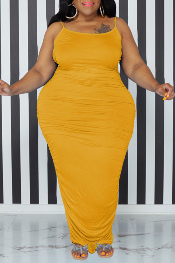 黄色のセクシーなソリッドパッチワークスパゲッティストラップワンステップスカートプラスサイズのドレス