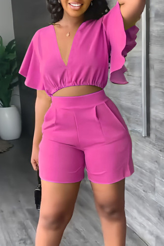 Rose Red Casual Solid Patchwork Flounce V Neck Short Sleeve Two Pieces
