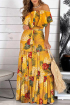 gele mode sexy print patchwork backless off-shoulder lange jurk jurken