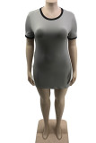 Grey Casual Solid Patchwork O Neck Straight Plus Size Dresses