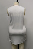 Vestido sin mangas con cuello en O de patchwork con estampado de letras de talla grande casual de moda blanco