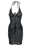 Vestido preto fashion sexy patchwork furação a quente transparente sem costas halter vestido sling