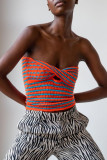 Orange Blue Sexy Hollowed Out Patchwork Strapless Tops