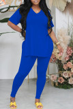 Blue Casual Solid Patchwork Slit V Neck Short Sleeve Two Pieces T-shirts Tops And Skinny Pants Sets